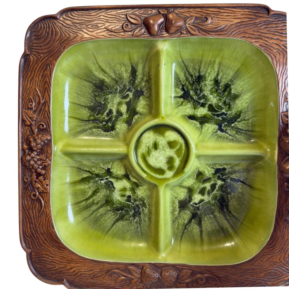 Vtg Treasure Craft Early American‎ Divided Relish Tray Wood  Look Avocado Green